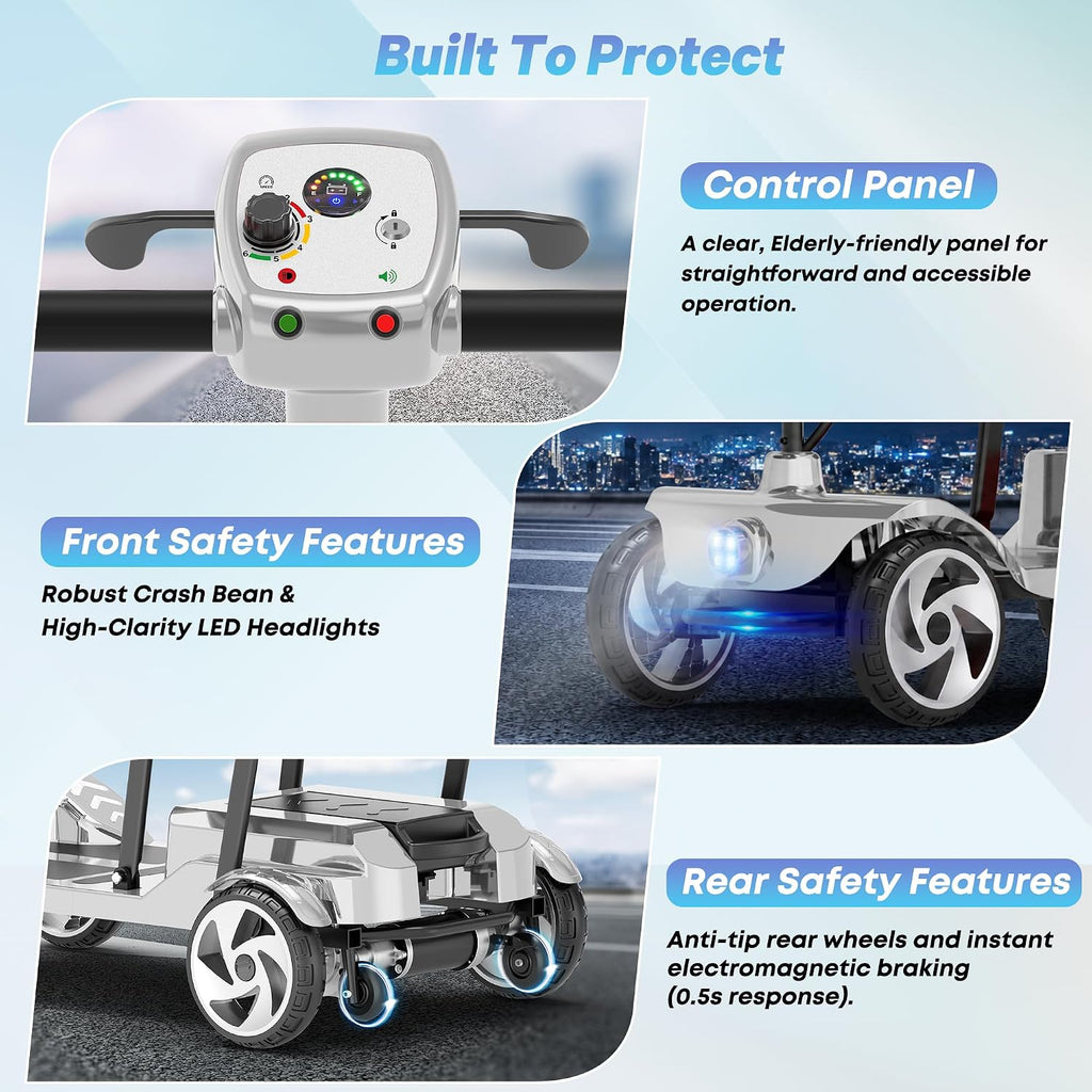 Mobility Scooters, Lightweight Electric Scooters for Seniors&Adults | 49lb Aluminum Frame with Removable Battery, Foldable Motorized Scooters for Trips, Shopping, Daily Use, Bright Silver, 10 Ah