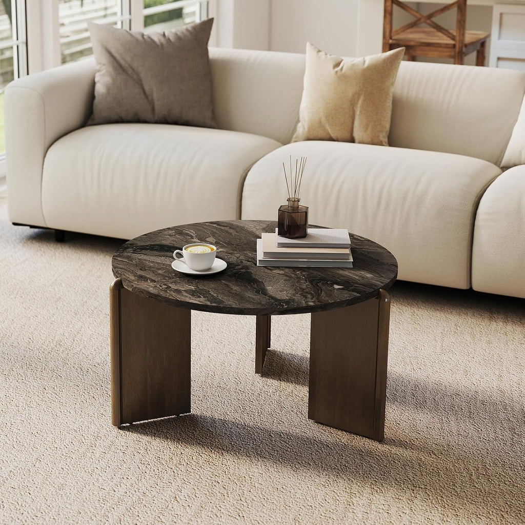 Travertine Texture Coffee Table 31.5 inch Modern Faux Marble Coffee Table Low Circle Center Table for Living Room Round Accent Table with Three-Legs for Apartment, Dark Grey