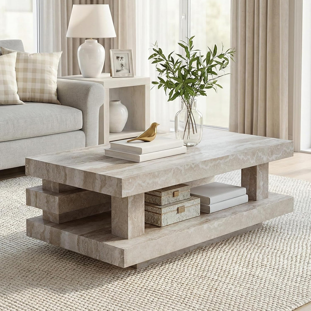 LKTART 43.3' Coffee Table, 2-Tier Stone Travertine Pattern Center Table with Open Storage, Mid Century Rectangular Wood Tea Table for Living Room, Bedroom, Office