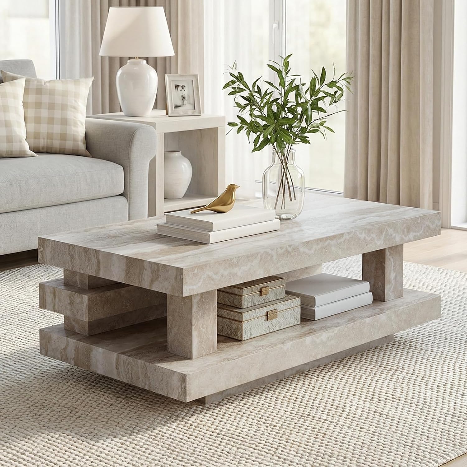 LKTART 43.3' Coffee Table, 2-Tier Stone Travertine Pattern Center Table with Open Storage, Mid Century Rectangular Wood Tea Table for Living Room, Bedroom, Office