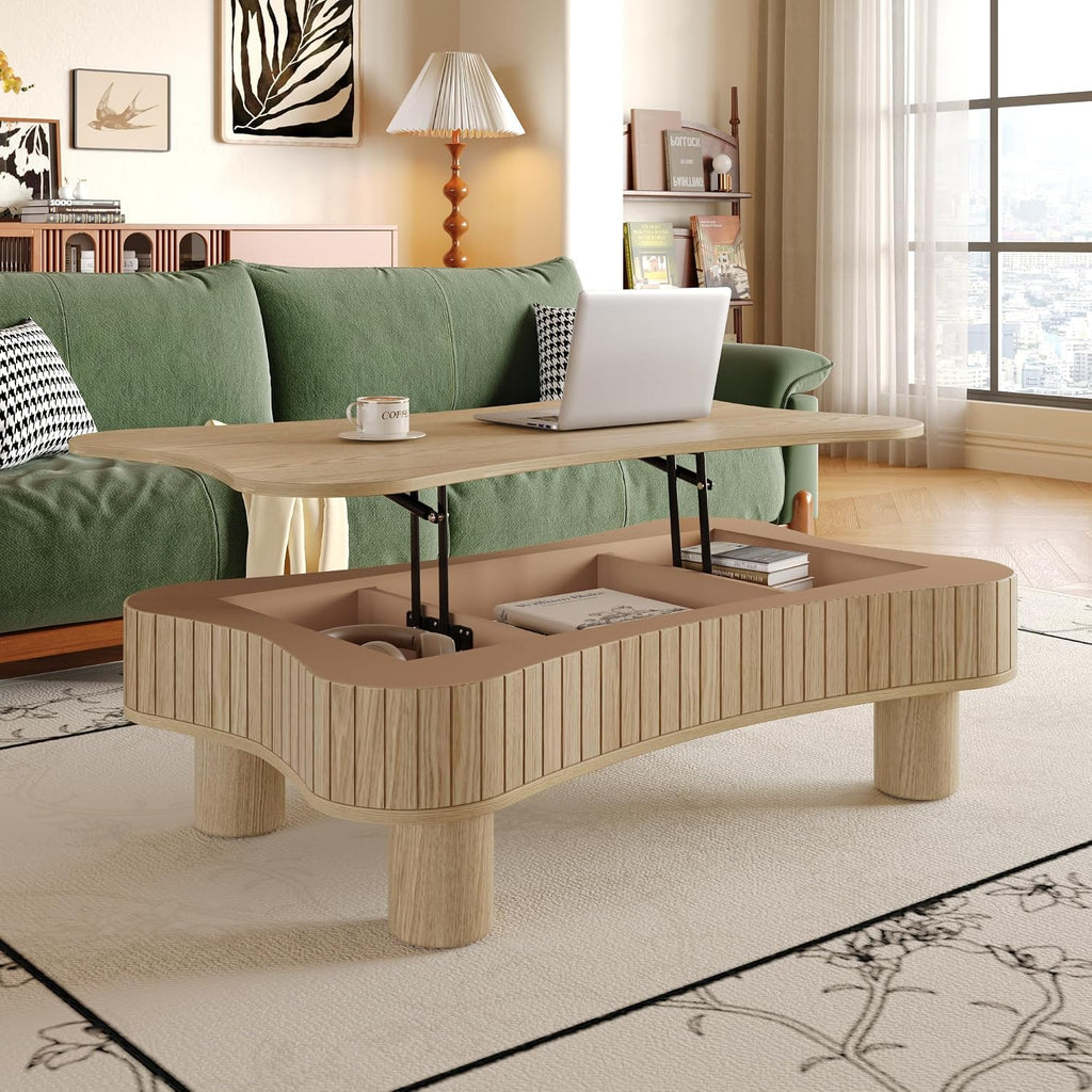 Unique Cloud Coffee Table with Lifting Top Low Coffee Table with Storage Farmhouse Country Rustic Wooden Coffee Tables Cute Irregular Center Tables for Living Room 42.52'' Natural Wood