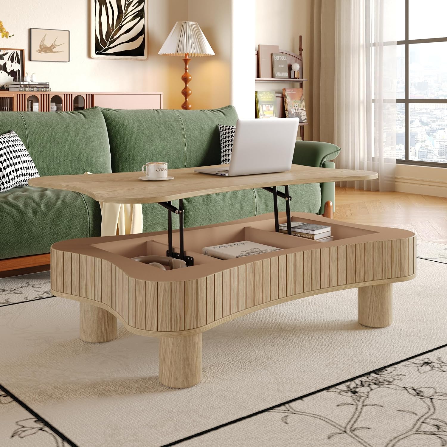 Unique Cloud Coffee Table with Lifting Top Low Coffee Table with Storage Farmhouse Country Rustic Wooden Coffee Tables Cute Irregular Center Tables for Living Room 42.52'' Natural Wood