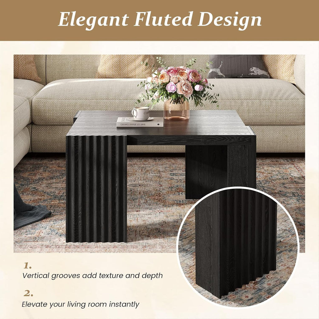 Luoxiao Black Square Fluted Coffee Table for Living Room, Minimalist Modern Accent Center Cocktail Table with 4 Sturdy Legs Wood Living Room Table for Small Space, 27.5-Inch, Easy Assembly