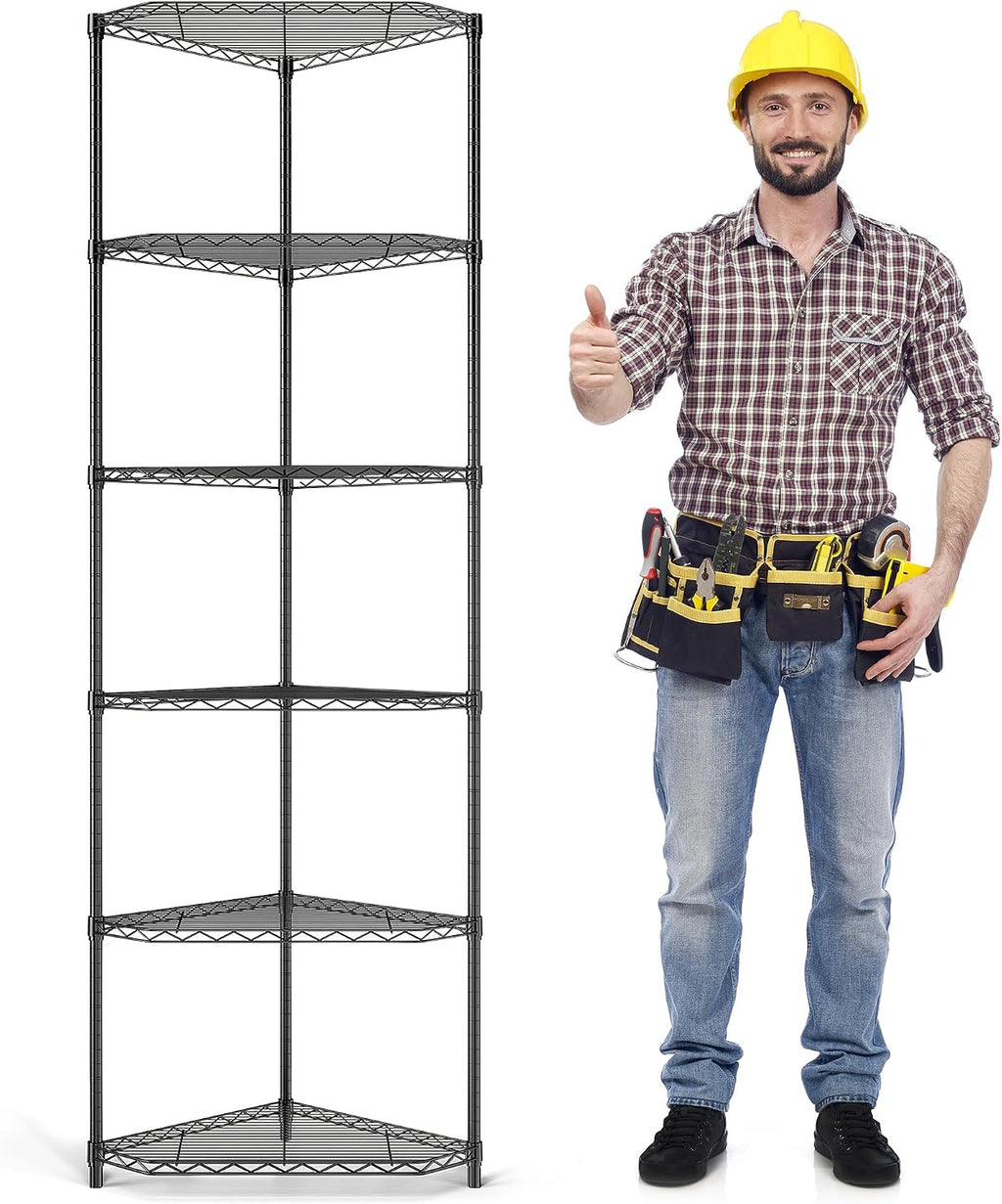Dolonm 6 Tier Corner Shelf, NSF Wire Shelving Unit, 600 LBS Corner Storage Shelf, 20' D x 20' W x 72' H, Corner Shelves, Heavy Duty Corner Standing Shelves, Height Adjustable Rack, Pentagonal, Black