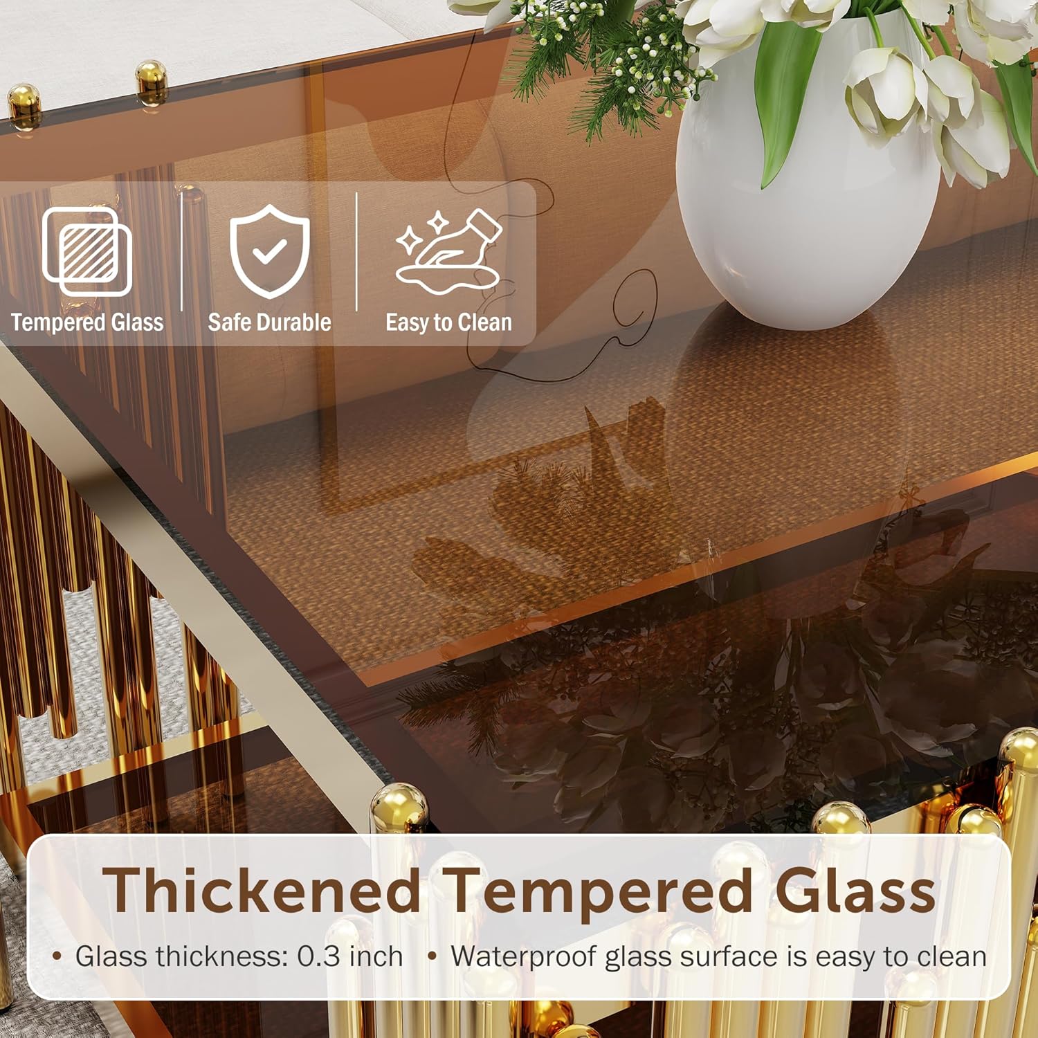 Brown Glass Coffee Table Modern Gold Living Room Table Luxury Stainless Steel Metal Leg 43' Rectangular Tempered Glass Center Tables for Home Office