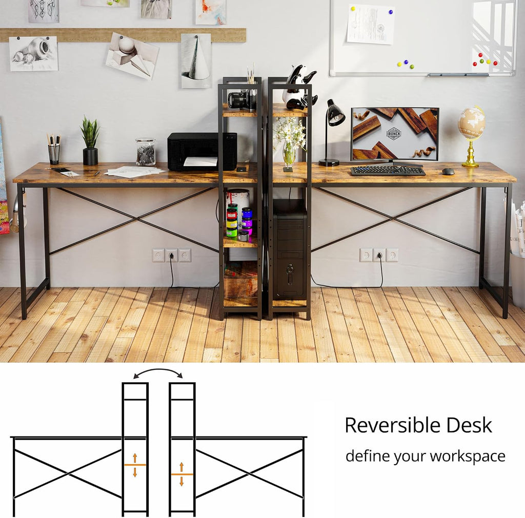 IRONCK Computer Desk 55' with Power Outlet and Storage Shelves, Study Writing Table with USB Ports Charging Station, PC Desk Workstation for Home Office, Rustic Brown
