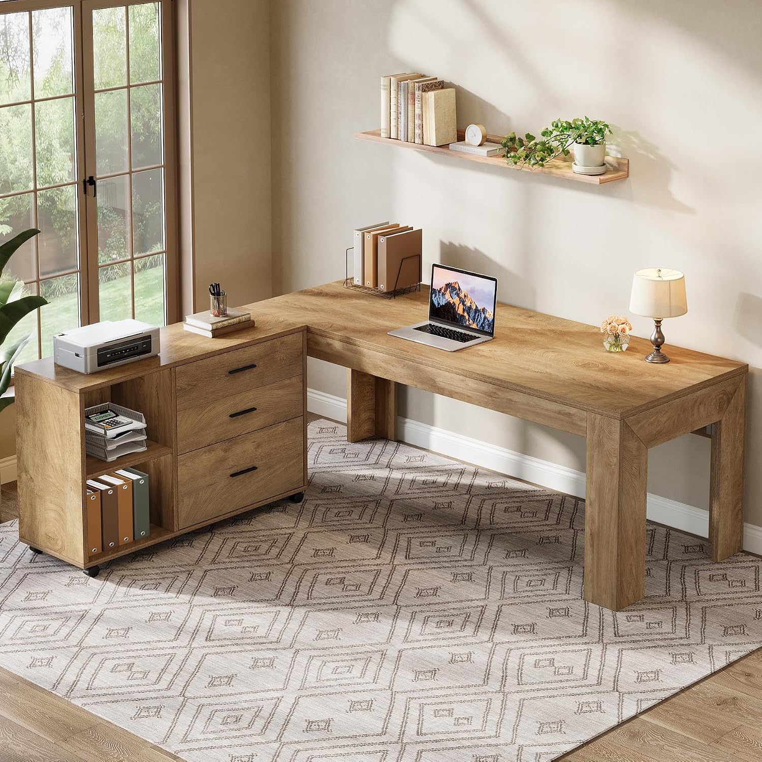 Tribesigns 63' L Shaped Desk with Storage, Executive Office Desk with Rolling File Cabinet Combo, Large Computer Table with Drawers and Shelves, Business Furniture Set for Home Office, Brown