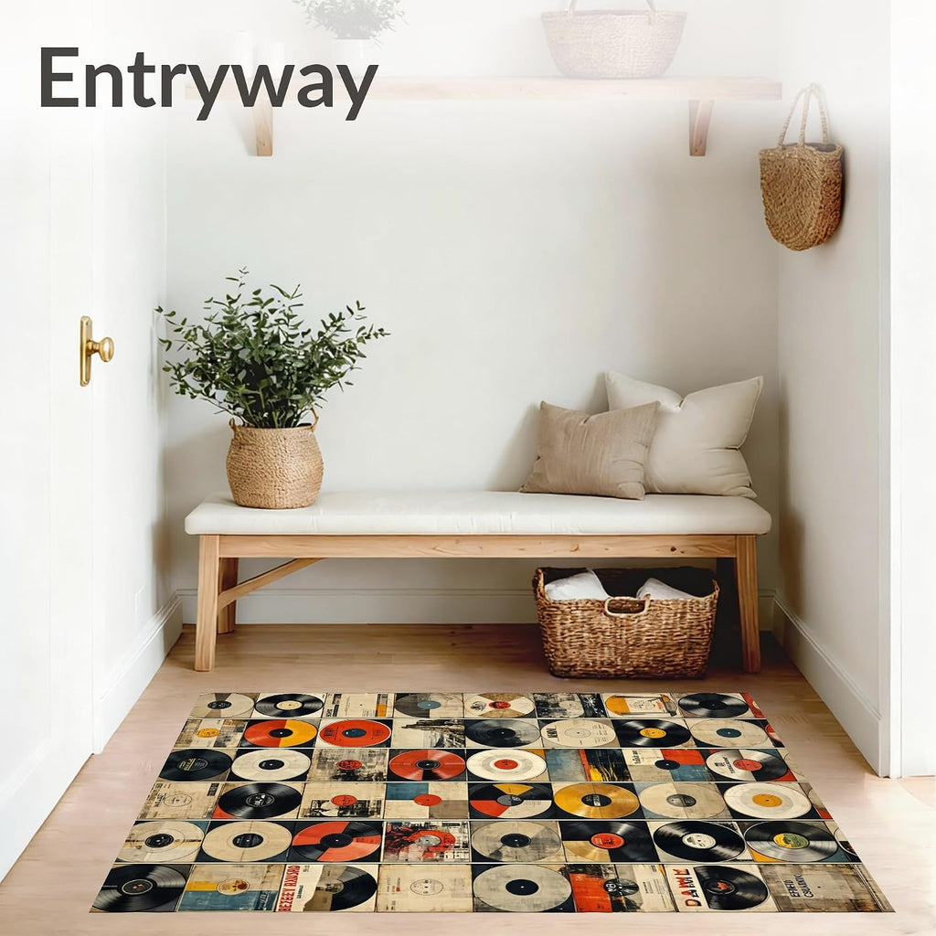 9'x12' Washable High Traffic Area Rug, Modern Music Featuring Retro Album Covers, Flatwoven Area Rugs for Living Room, Bedroom (Black,9x12)