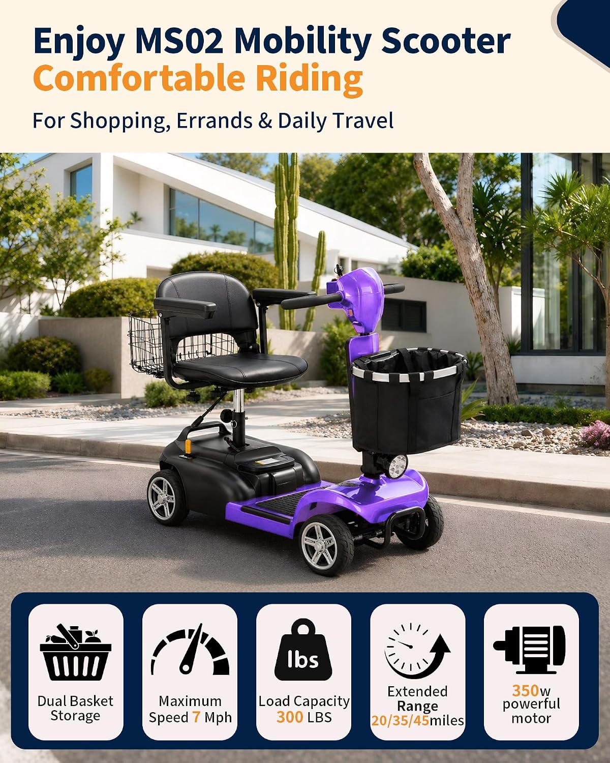 Ecomobi 20-45 Miles Mobility Scooter for Seniors & Adults, 4 Wheel Motorized Mobility Scooter for Travel, Removable Lithium Battery, 350W Motor, Dual Baskets, 300 lb Capacity, GPS Tracker,Purple,18ah