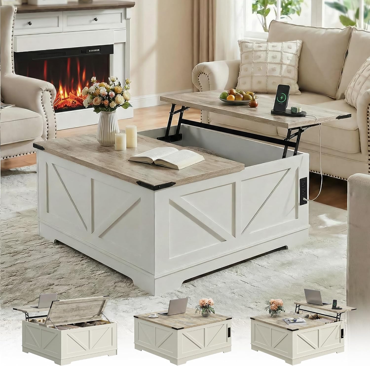 BREEZEHEAT Farmhouse Lift Top Coffee Table with Storage, Large 40' Wood Square Coffee Table with Charging Station&USB Port, Living Room Table w/Hidden Space, for Living Room,Home Office, White
