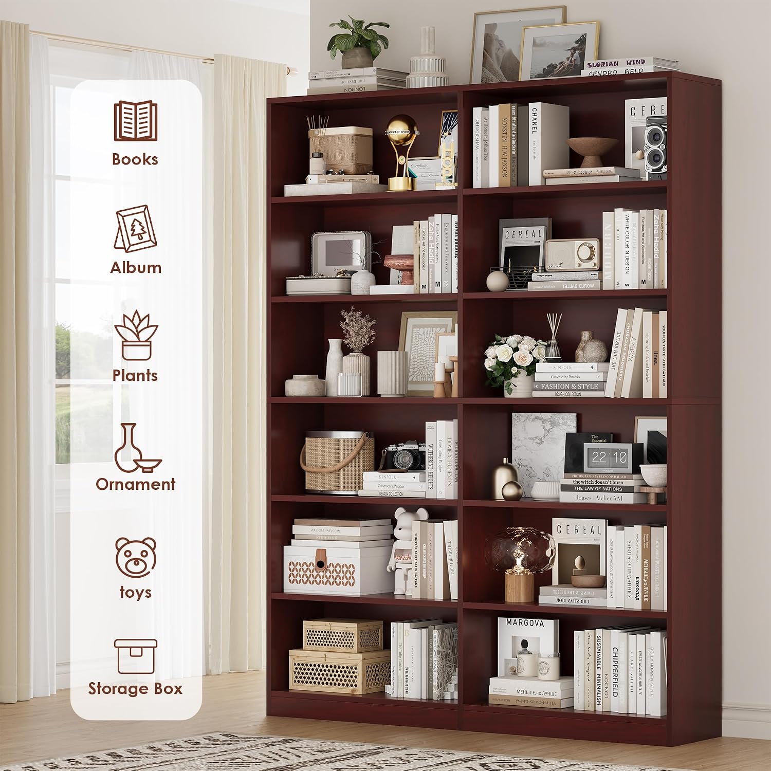 FACBOTALL Bookshelf and Bookcase, 6-Tier Double Wide Bookshelves,Freestanding Display Storage Shelves, Tall Bookcases for Home Decor Bedroom, Living Room, Home Office, Cherry