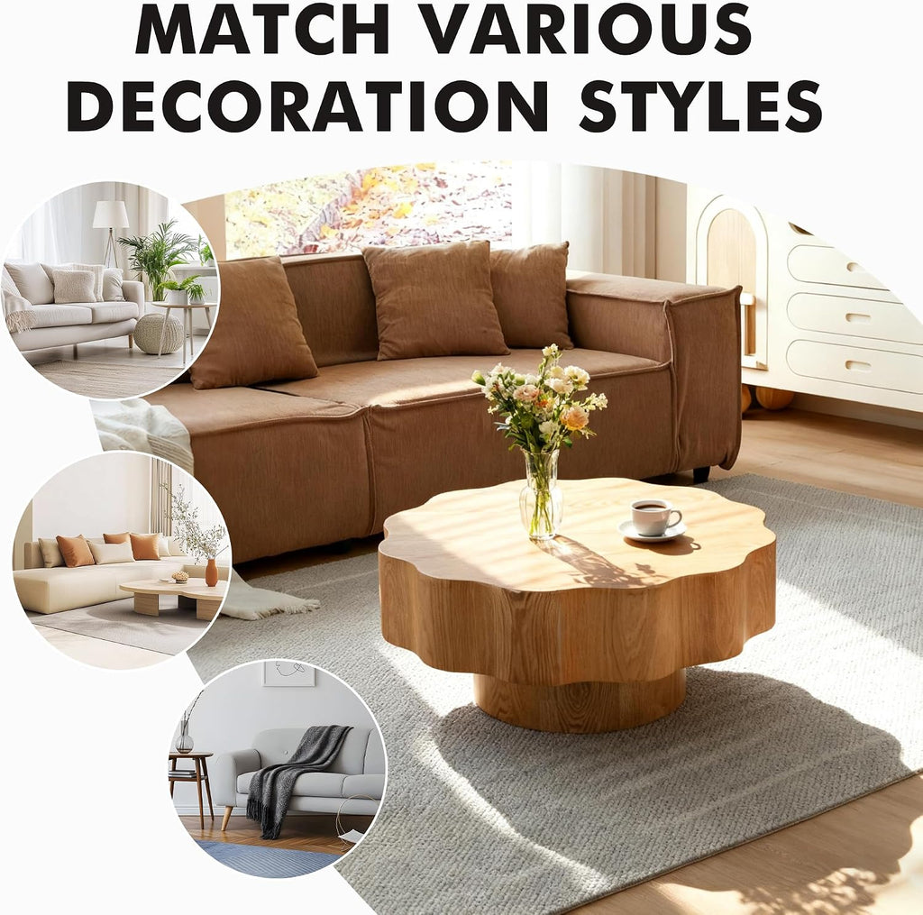 31.5'' Farmhouse Coffee Table Petal-Like, Wood Coffee Center Table Mid Century Modern Coffee Table for Living Room, Small Space End Side Table for Bedroom, Farmhouse, Apartment, Office