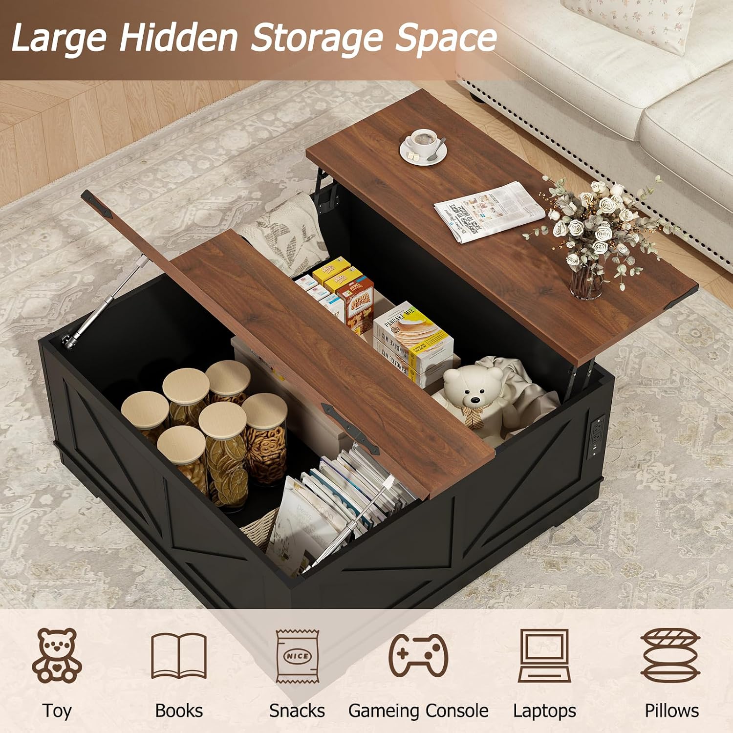 EAG 40' Large Farmhouse Lift Top Coffee Table with Hidden Compartment & Power Outlets, Square Wooden Coffee Table with Multi-Function Flip-Top Ample Storage Center Table for Living Room, Black