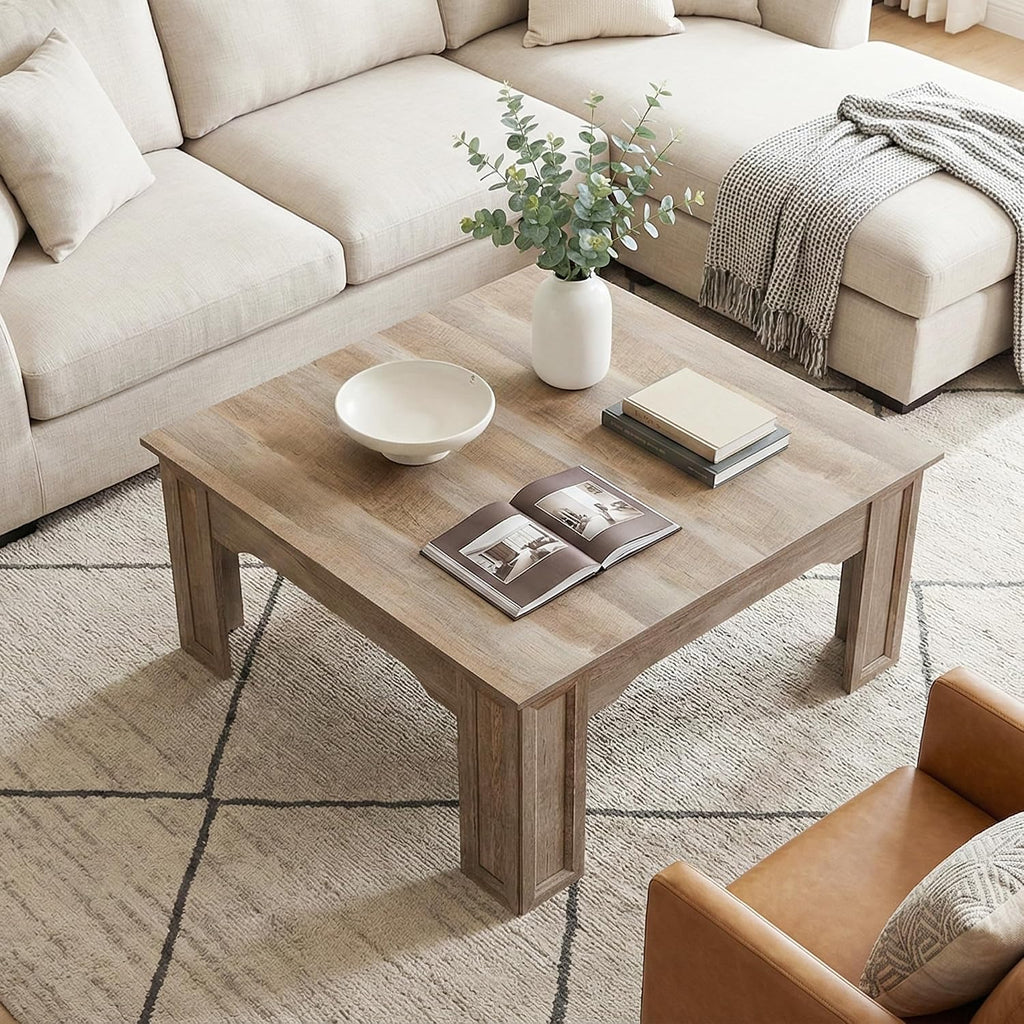 Square Coffee Table for Living Room, 39.4'' Farmhouse Wood Grain Finish Coffee Table with Carved Legs, Rustic Simple Style Center Table, Easy Assembly, Grey Wood