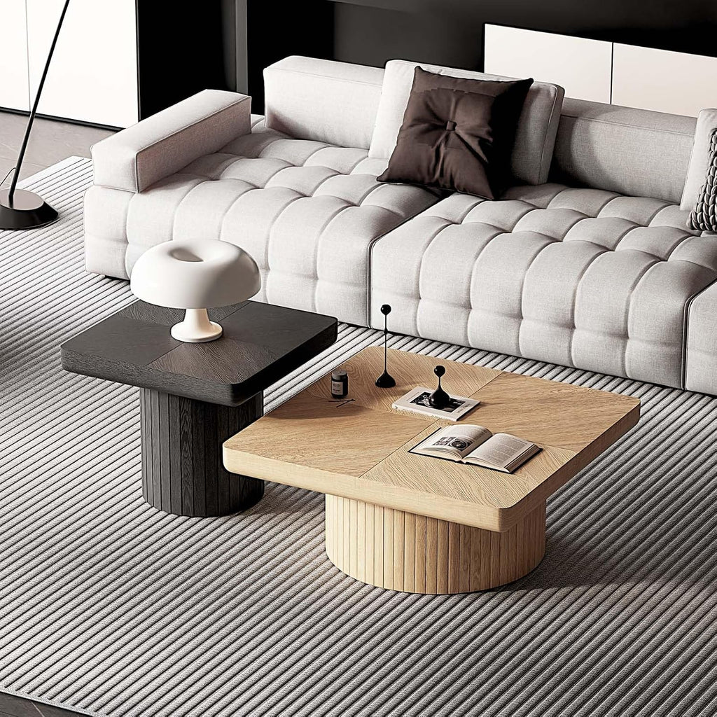 Modern Square Nesting Coffee Table Set, 2-Piece Coffee Tables with Cylindrical & Fluted Pedestal, Minimalist Center Table & Side Table for Wabi-Sabi Decor for Living Room Apartment, Natural+Black