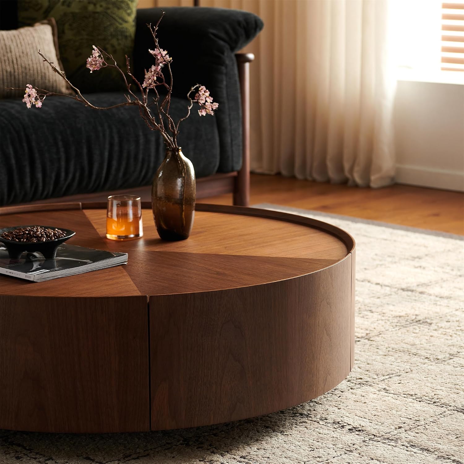 SSLine 35.4-Inch Round Coffee Table with Storage Drawers,Fully Assembled Wooden Coffee Table with Solid Wood Veneered Mid-Century Modern Cocktail Center Tables for Living Room Office Apartment,Walnut