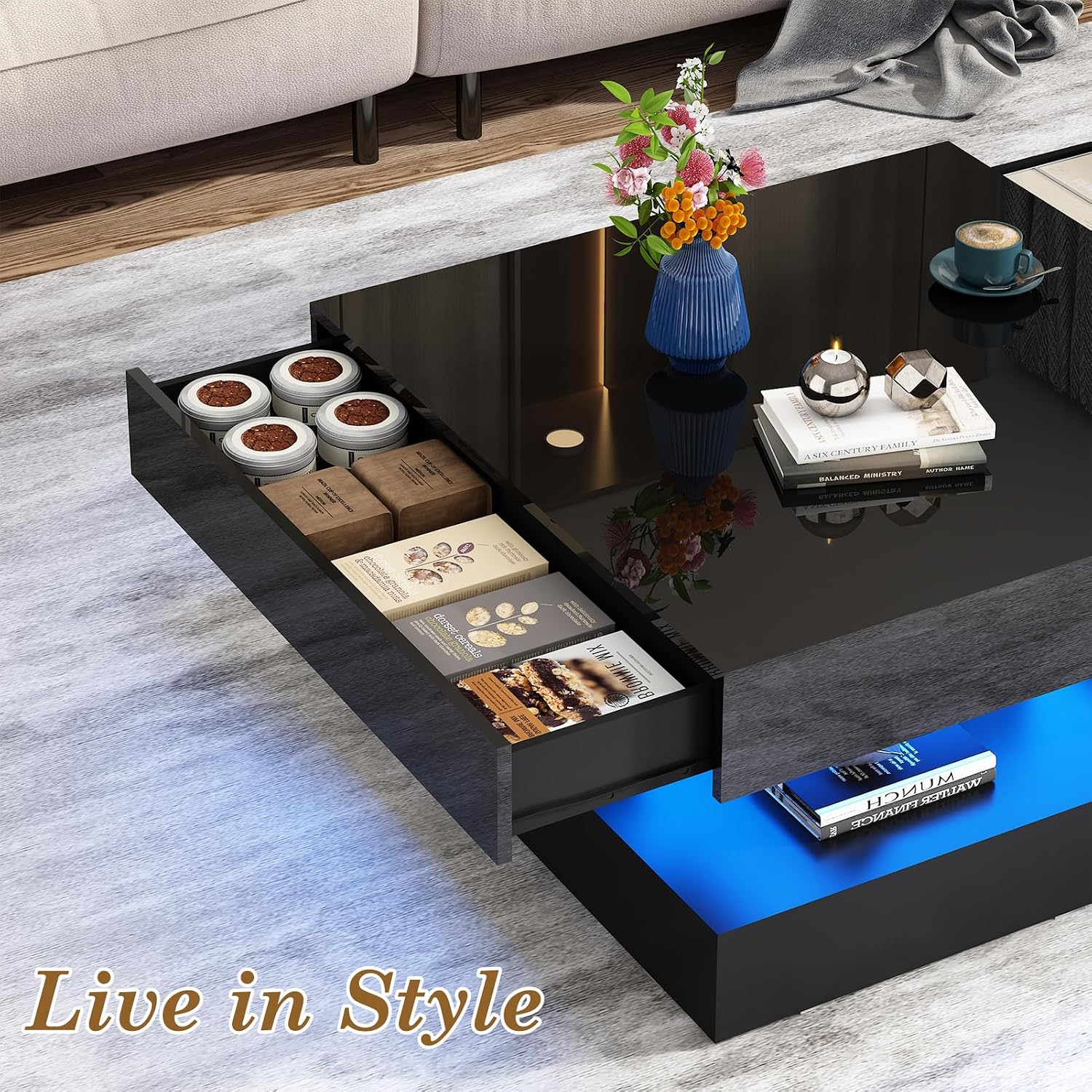 jiteentarou 33.9' LED Coffee Table with Storage, Modern High Glossy Living Room Table w/2 Drawers,Double-Layer Design Large Square Center Table for Living Room, Home, Office, Black
