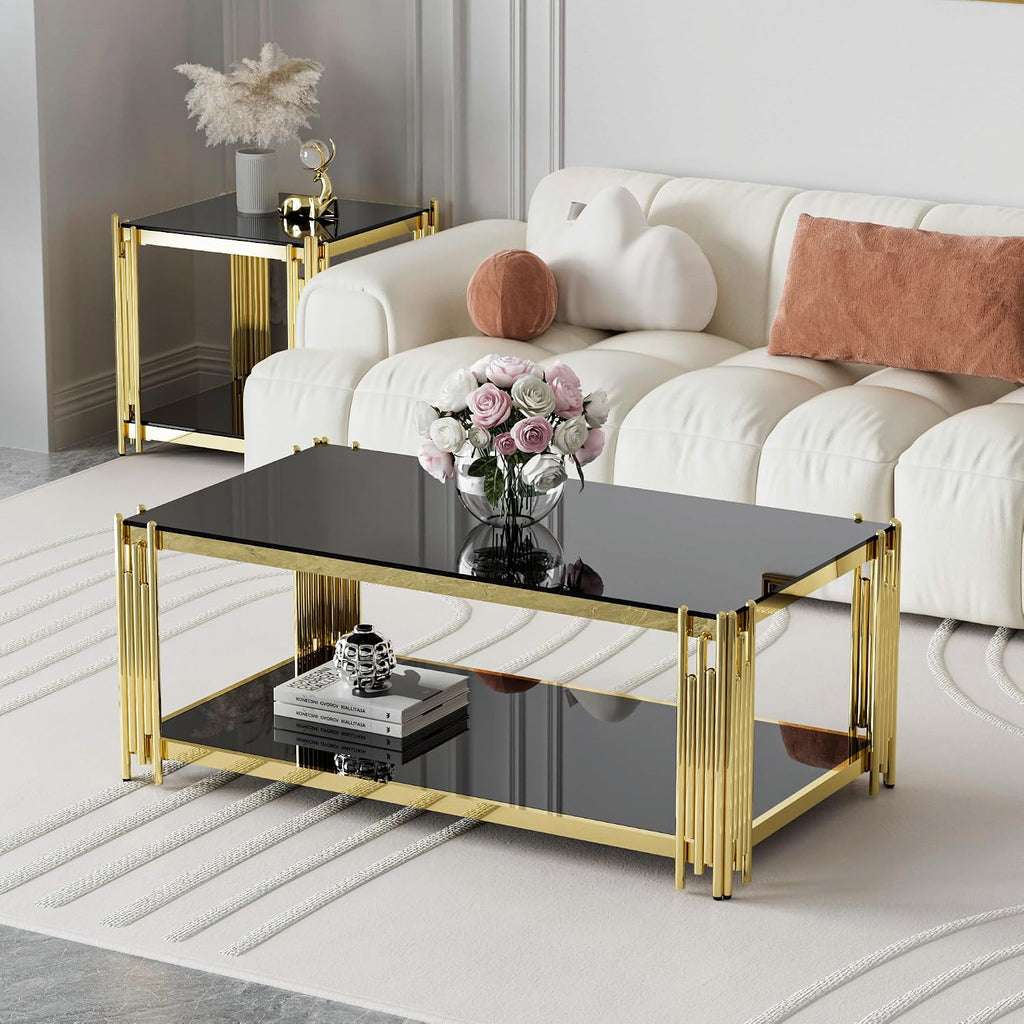 Glass Coffee Table Set of 3, End Table Modern Living Room Table Rectangle Clear Tempered Glass Stainless Steel Leg, Square Side Table for Home Furniture Set (Black, 43' Set of 3)