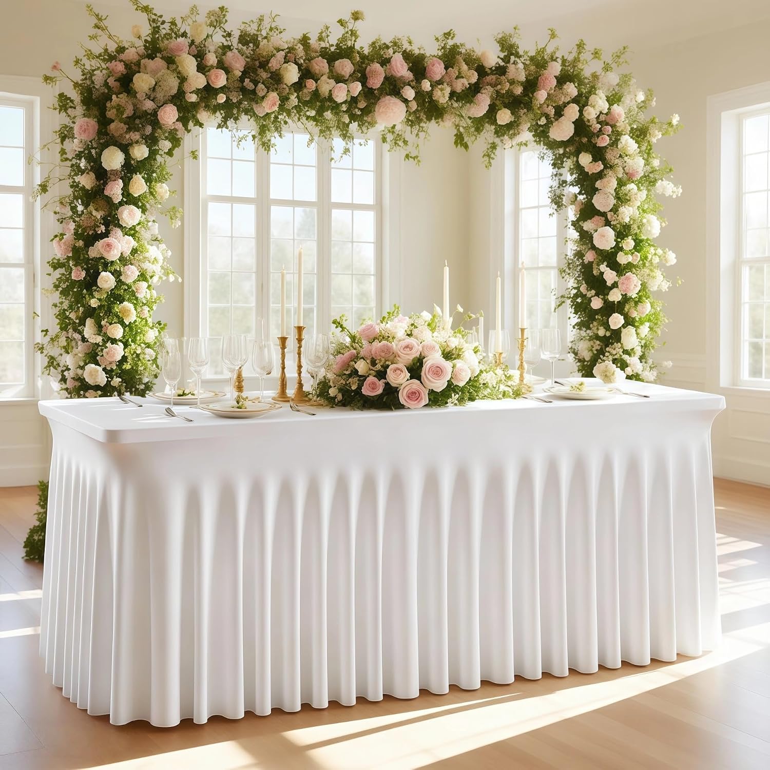 6 Pack White Spandex Fitted Tablecloth 8 Foot - Stretch Table Clothes for 8 FT Rectangle Table, Washable Ruffles Elastic for Weddings, Buffet, Banquet, Trade Craft Show, Party Celebration