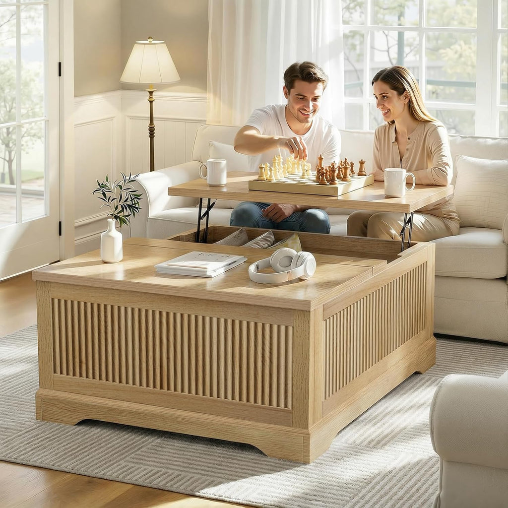 Memobarco Lift Top Coffee Table with Storage,Fluted Coffee Tables with Lifting Top,Modern Farmhouse Square Center Table for Living Room, Home Office, with Hidden Compartment, Flip-Up Lids, Natural Oak