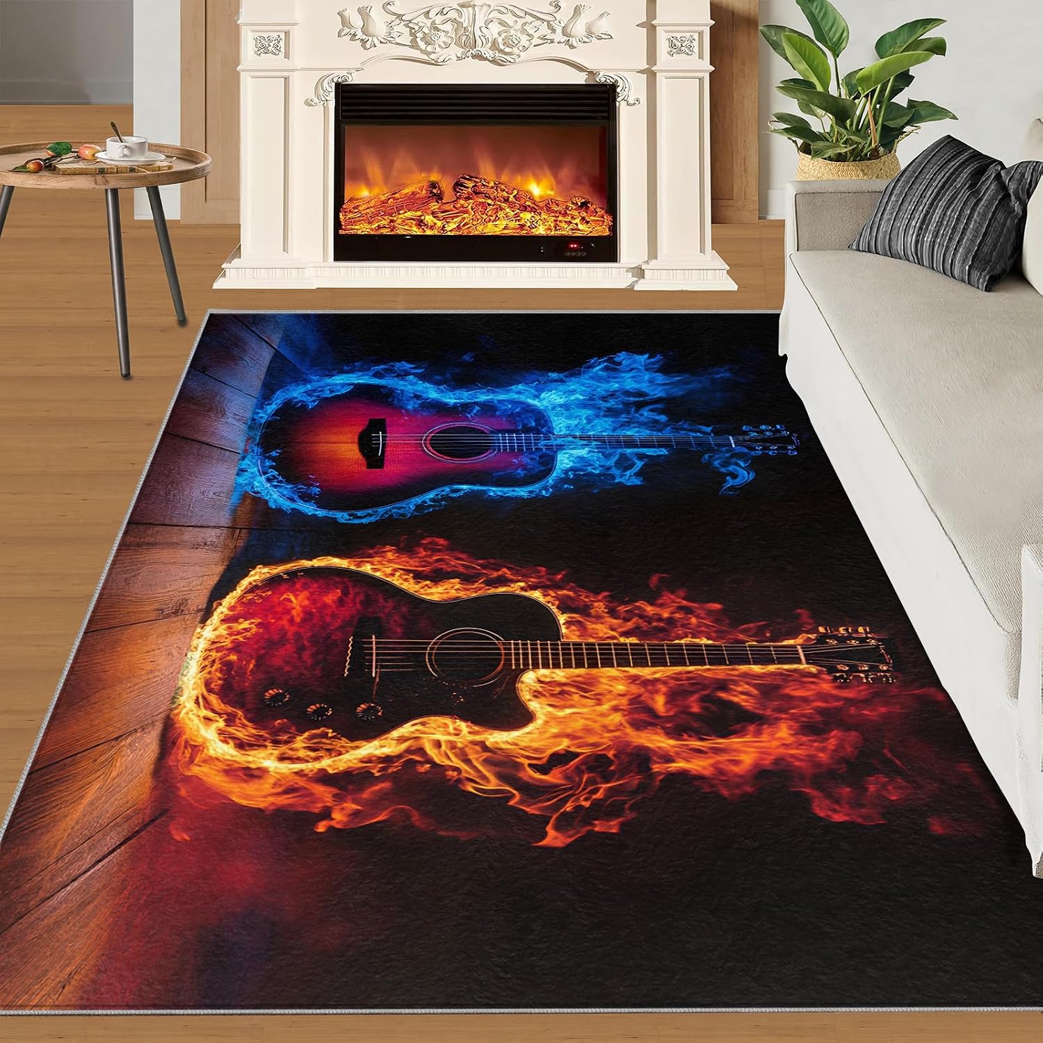 Guitar Rug 5x7-5x7 Rug, Ice and Fire Area Rugs for Living Room, Passion Rock Washable Area Mat for Bedroom, Musical Instrument Carpet, Boys Room Carpet - Guitar Home Decor & Gift