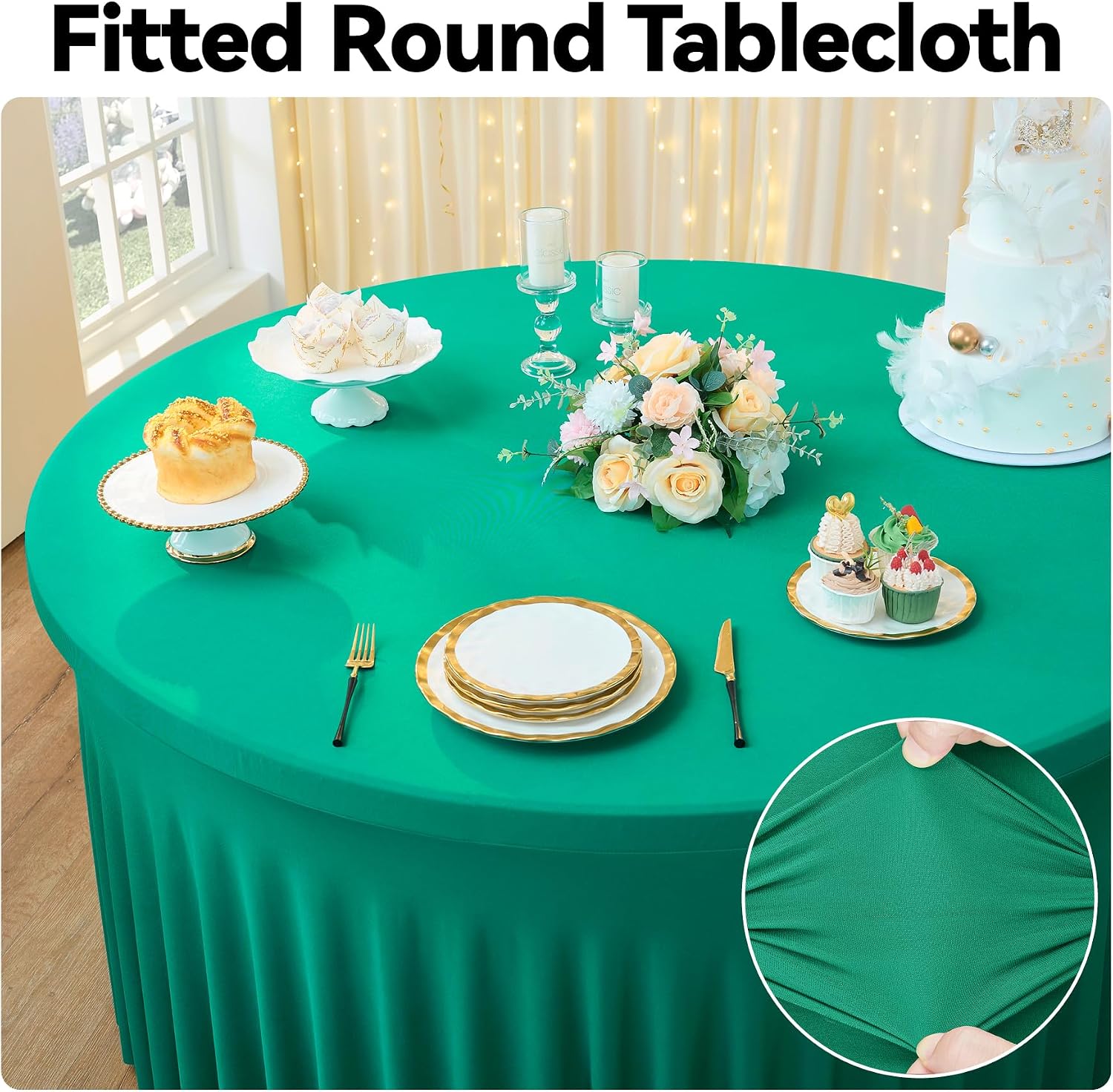 leegleri 6 Pack Emerald Spandex Round Tablecloths, Stretchy 120inch Fitted 5FT Table Cloths with Skirt for Wedding Party Dining Banquet