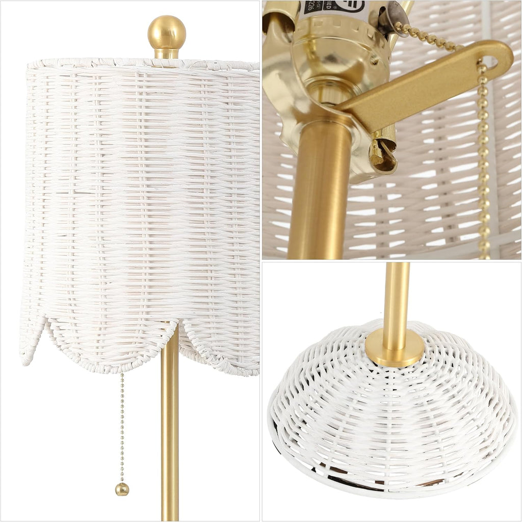 JONATHAN Y 27.5' White/Brass Gold Coastal Buffet Table Lamp Set of 2 for Bedroom, Boho Table Lamps with Natural Rattan Scalloped Shade, Pull Chain, LED Bulbs Included (JYL1138B-SET2)