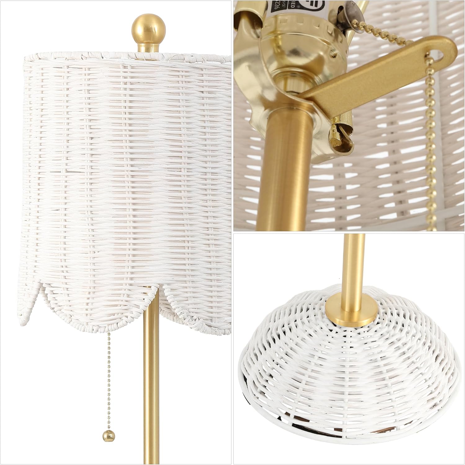 JONATHAN Y 27.5' White/Brass Gold Coastal Buffet Table Lamp Set of 2 for Bedroom, Boho Table Lamps with Natural Rattan Scalloped Shade, Pull Chain, LED Bulbs Included (JYL1138B-SET2)