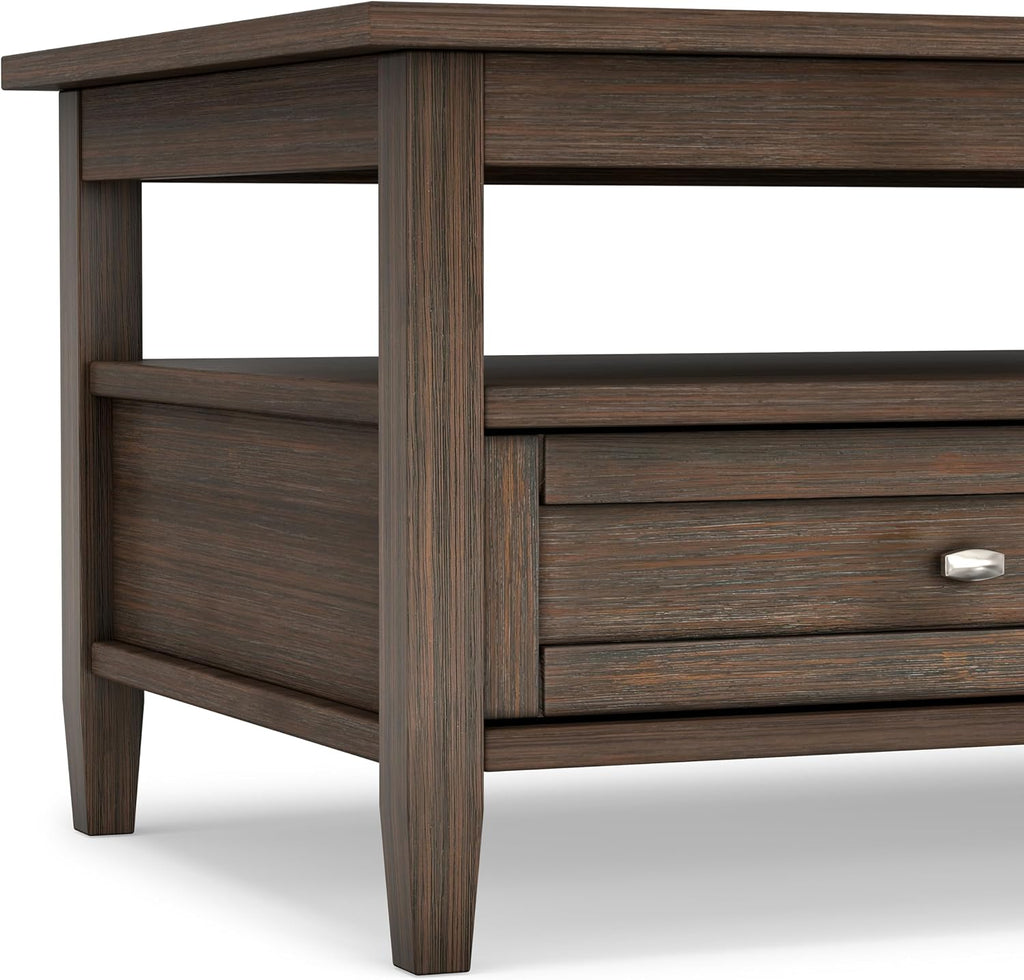 SIMPLIHOME Warm Shaker Coffee Table - 48 inch Wide Solid Wood Coffee Table in Farmhouse Brown, Transitional Living Room Table with 2 Drawers, Open Shelf, Shaker Fronts and Tapered Legs