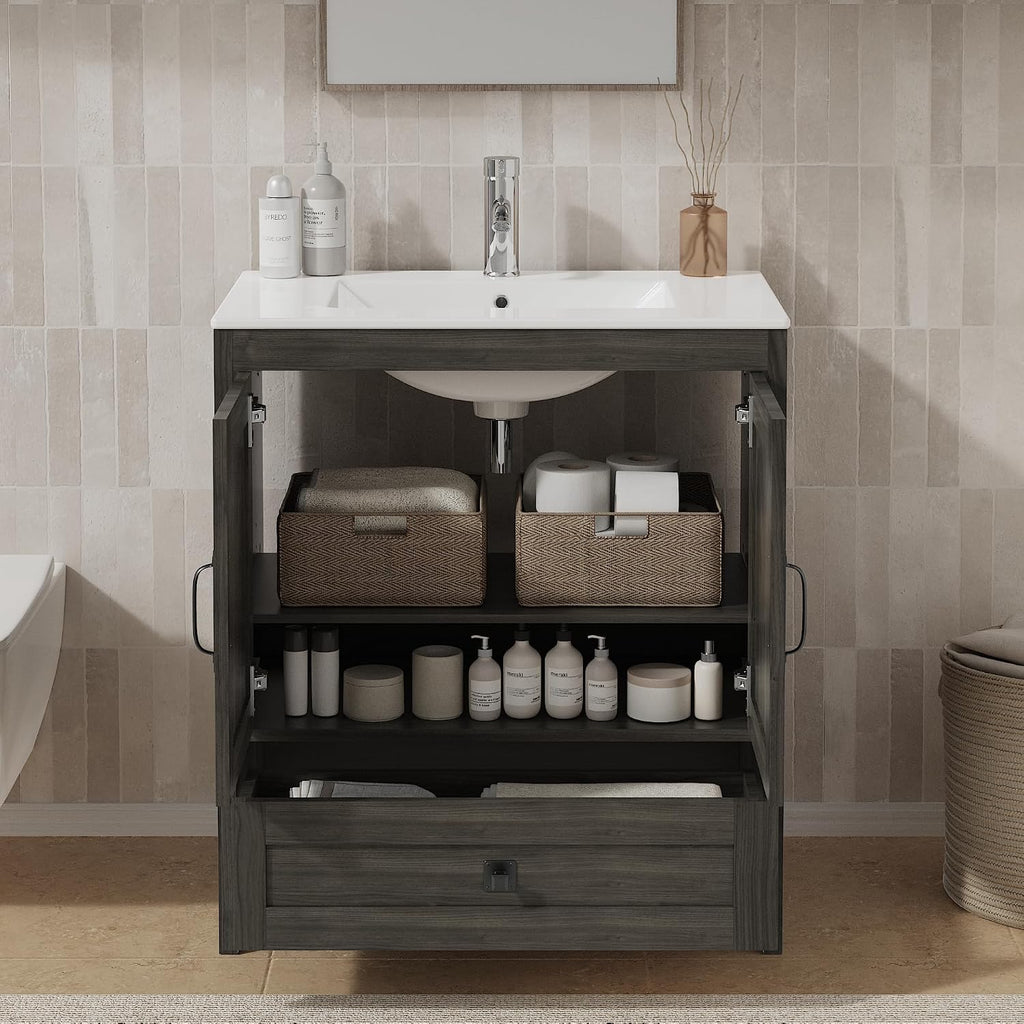 KIGOTY 30 Inch Farmhouse Bathroom Vanity Without Sink, Wooden Bathroom Storage Cabinet Without Countertop, Freestanding Bathroom Cabinet with 2 Doors and 1 Drawer