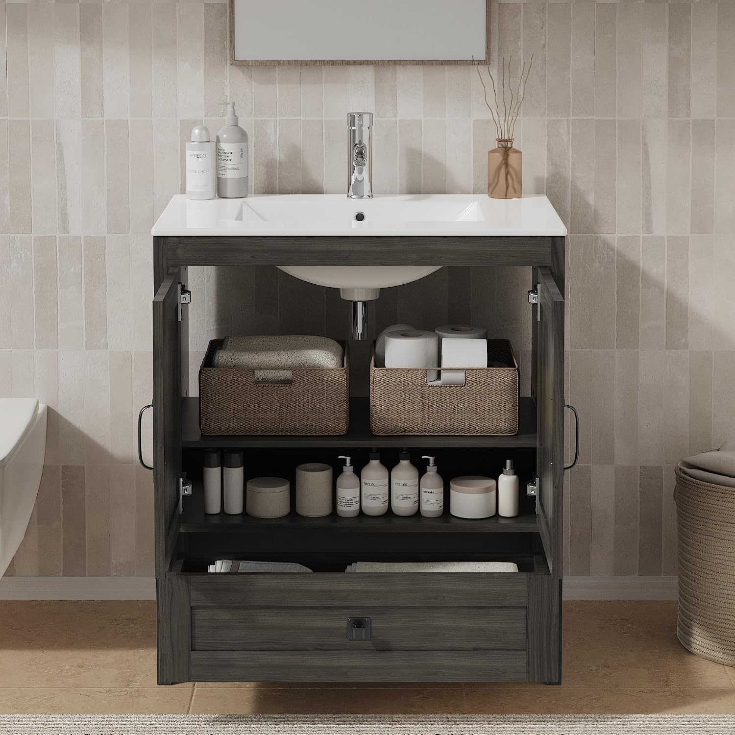 KIGOTY 30 Inch Farmhouse Bathroom Vanity Without Sink, Wooden Bathroom Storage Cabinet Without Countertop, Freestanding Bathroom Cabinet with 2 Doors and 1 Drawer
