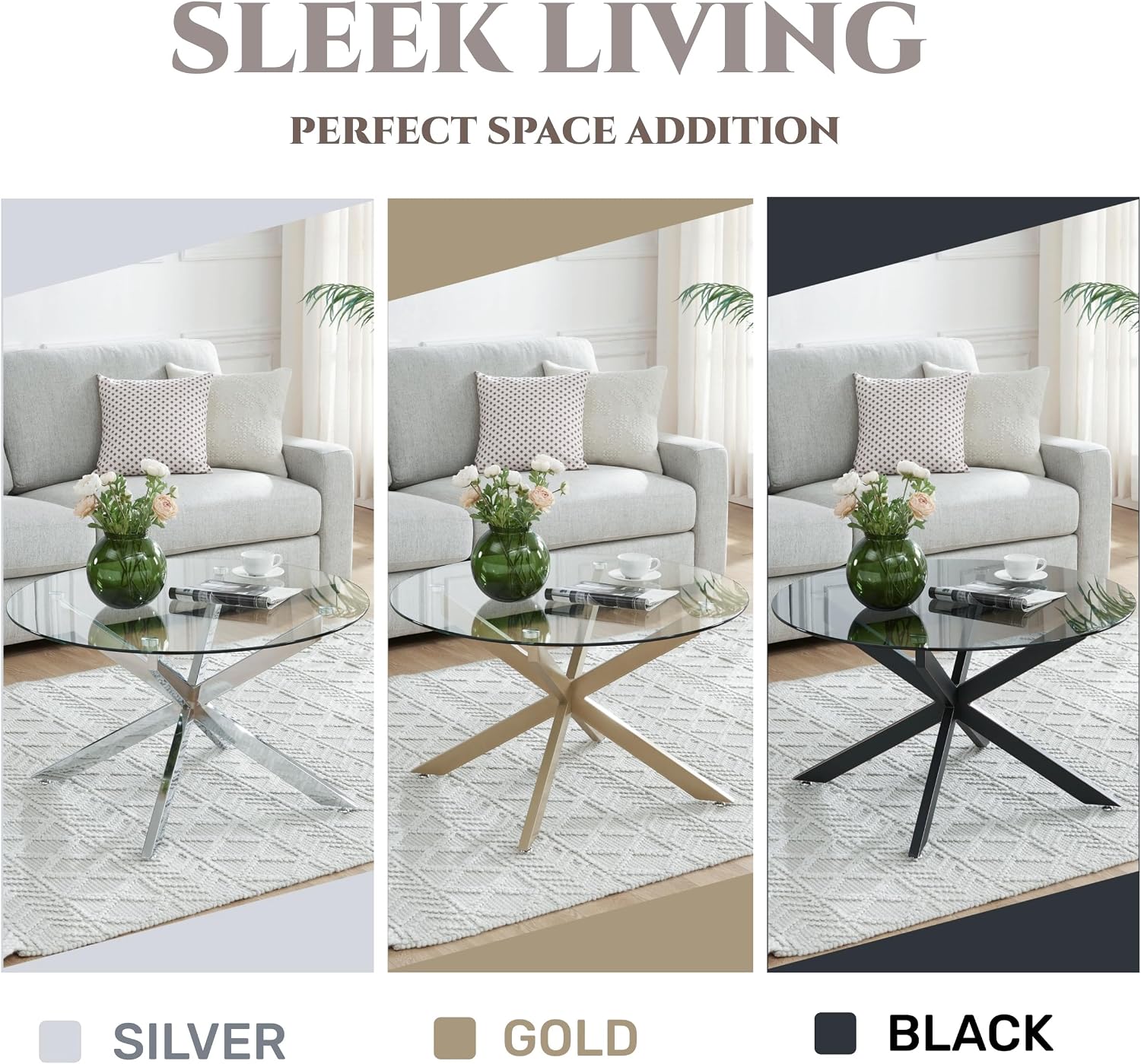 Black Round Glass Coffee Table for Living Room, Home Office, Modern & Simple Center Table with Gray Tempered Glass Top, 35.5' Wx19.7 H
