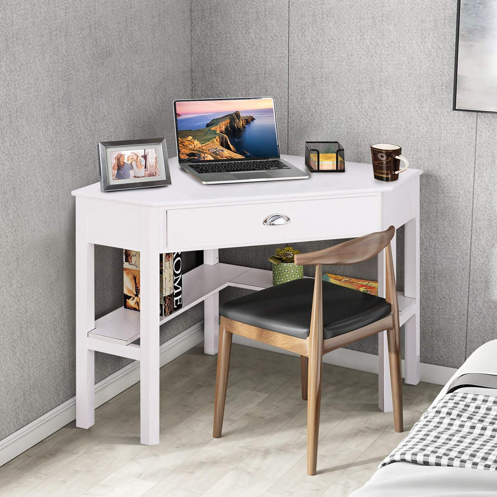 GOFLAME Computer Corner Desk, Wood Compact Home Office Writing Workstation with Drawer and Shelves, Laptop PC Corner Table for Small Space Home Office, White