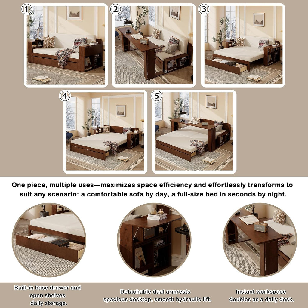 Wood Daybed Full Size with Removable Desk and Extendable Armrests, 4-in-1 Multifunctional Design Daybed Sofa Bed with Storage Drawers & Hydraulic Side Table (Espresso-11.27, Full)