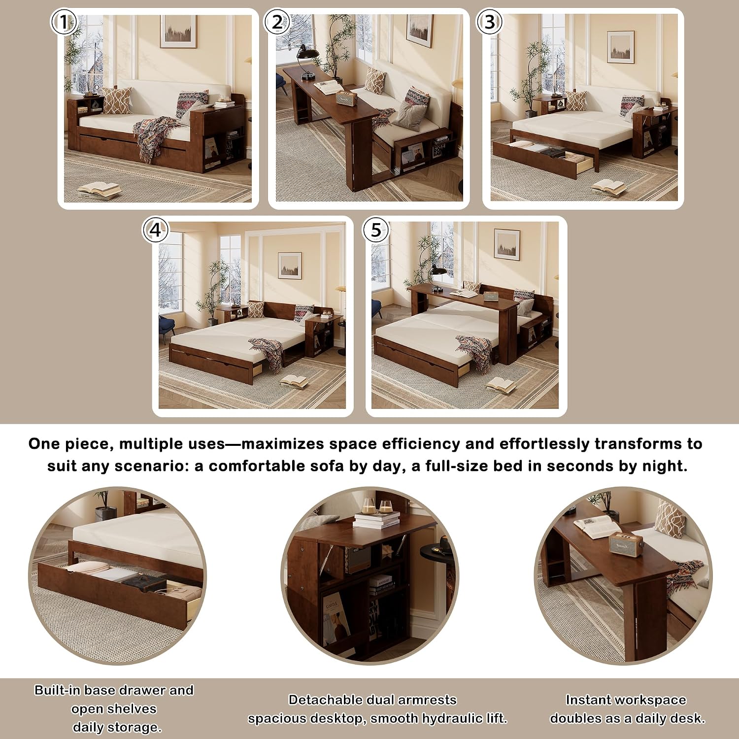 Wood Daybed Full Size with Removable Desk and Extendable Armrests, 4-in-1 Multifunctional Design Daybed Sofa Bed with Storage Drawers & Hydraulic Side Table (Espresso-11.27, Full)