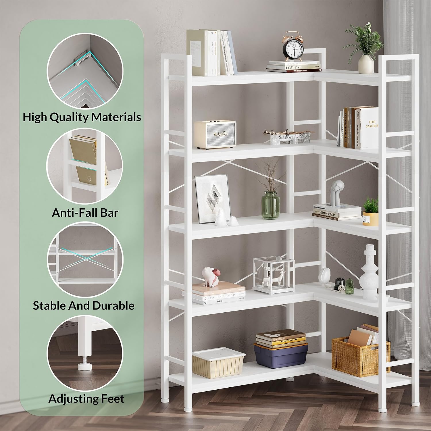 5-Shelf Corner Bookshelf, Large Open Shelf Bookcase,White Metal Frame, L-Shaped Storage Rack with Cross Braces for Living Room Home Office