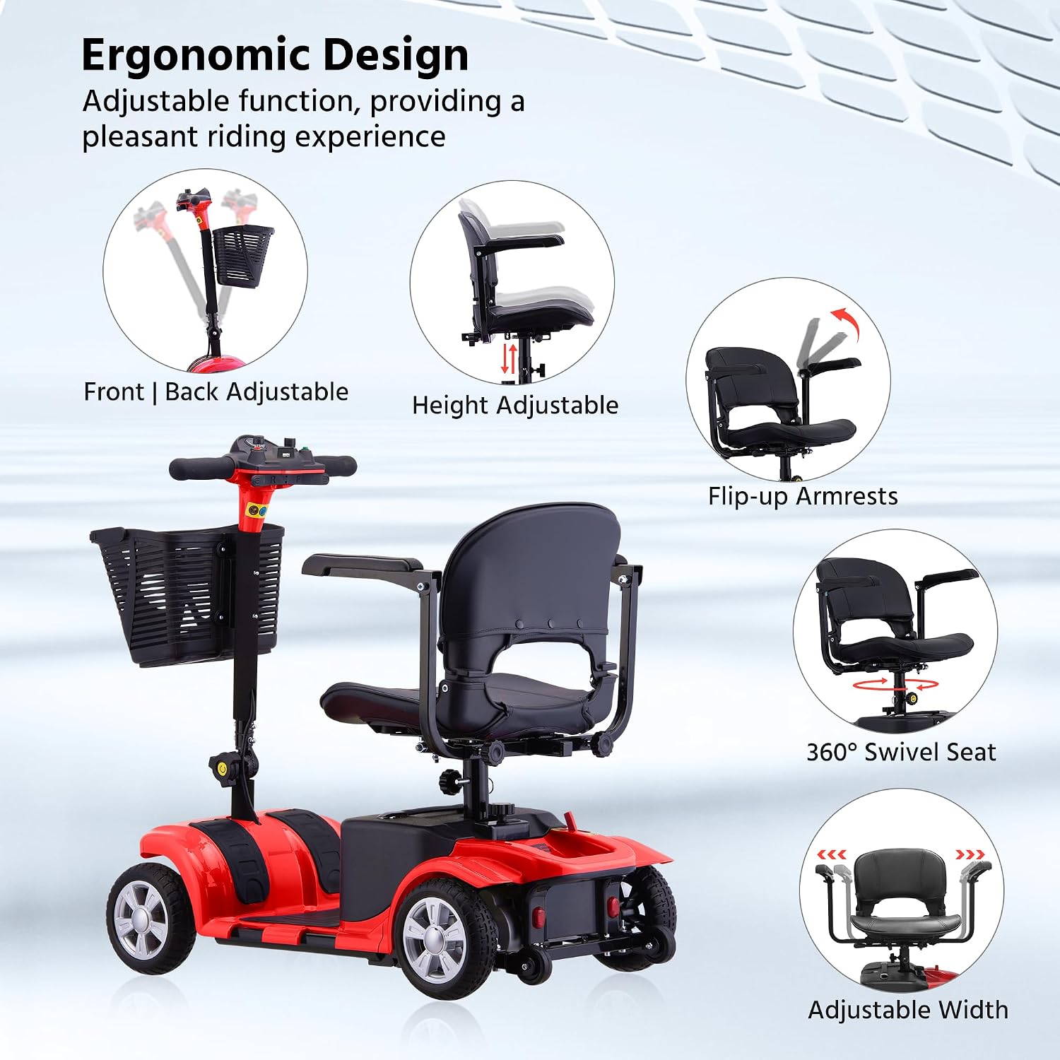 Mobility Scooters for Senior Adults, 15 Mile Electric Mobility Scooter with Detachable Battery, 4 Wheels Foldable Mobility Scooter with LED Headlights and USB Charging Port, 300 lbs Capacity (Red)