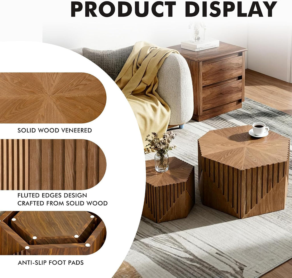 Hexagonal Nesting Coffee Table Set of 2, Wooden Fluted Coffee Table for Living Room, Mid Century Modern Center Table Space-Saving Small End Side Table for Bedroom, Farmhouse, Apartment, Office
