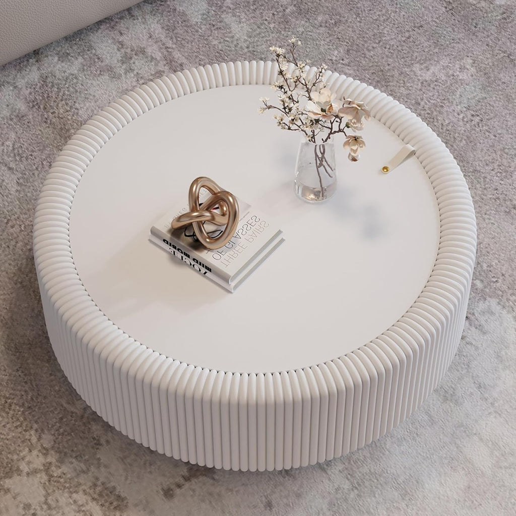 31.5'' Round Coffee Table with Storage, Modern Circle Fluted Drum Pedestal Coffee Table for Living Room, Tempered Glass Moveable Lid & PU Leather Body & Baked Enamel Leg, White