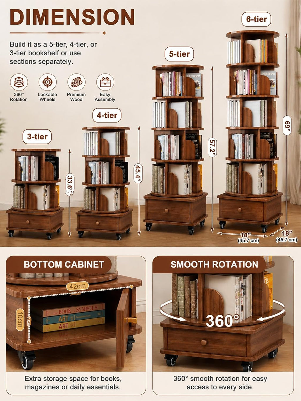 6 Tier Rotating Bookshelf with Cabinet On Wheel, 360° Display Spinning Corner Book Shelf Tower, Narrow Tall Bookshelves, Small Revolving Bookcase, Wooden Book Shelf Standing Storage Rack