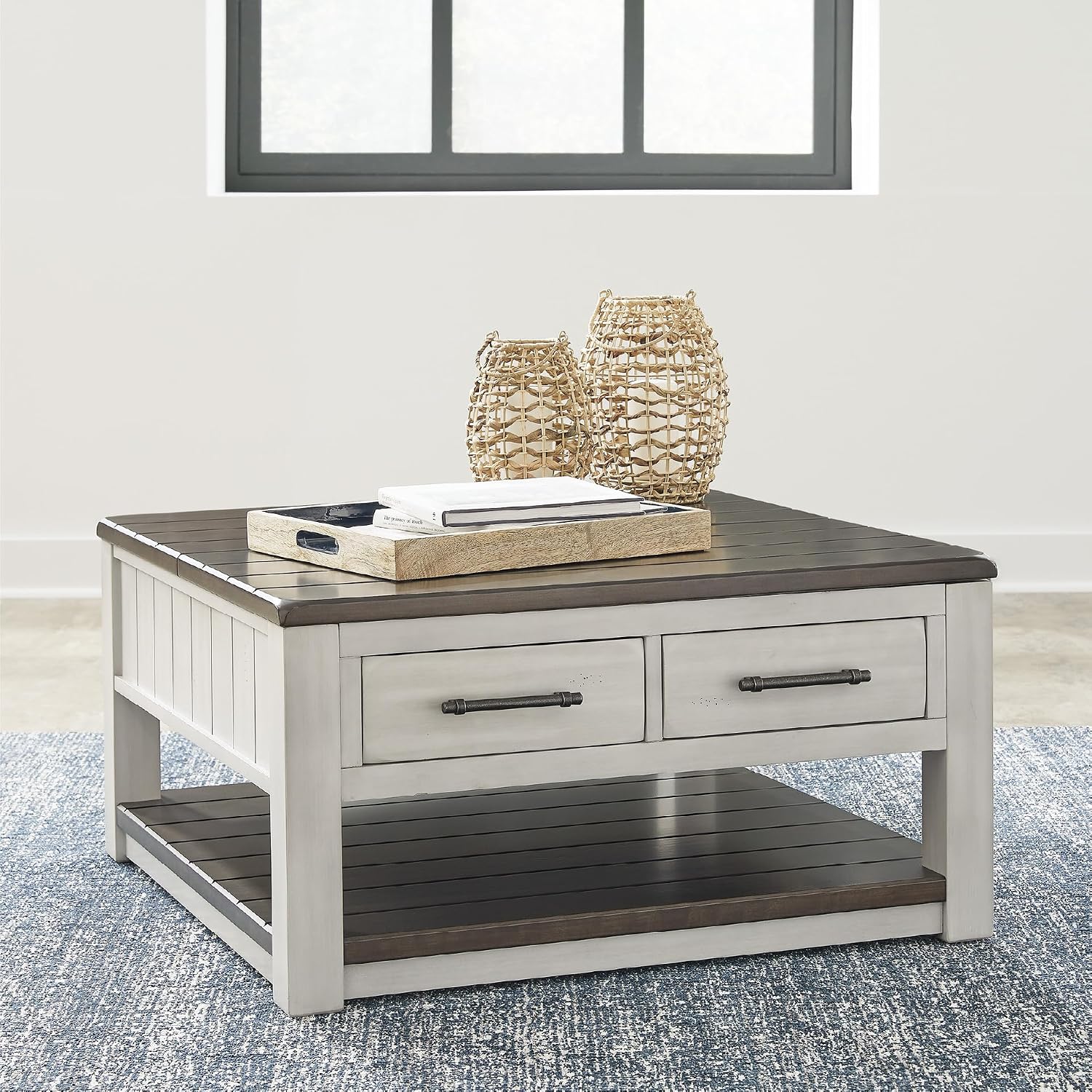 Signature Design by Ashley Darborn Farmhouse Lift-Top Coffee Table with Drawers, Lower Shelf and Casters, Light Gray & Dark Brown