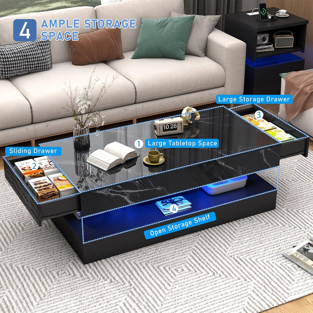 chartustriable 47.2' Large High-Glossy LED Coffee Table with 2 Sliding Drawers, Living Room Storage Coffee Tables with Marbling Print, Modern Stylish Double-Layer Center Tables w/LED Lights, Black