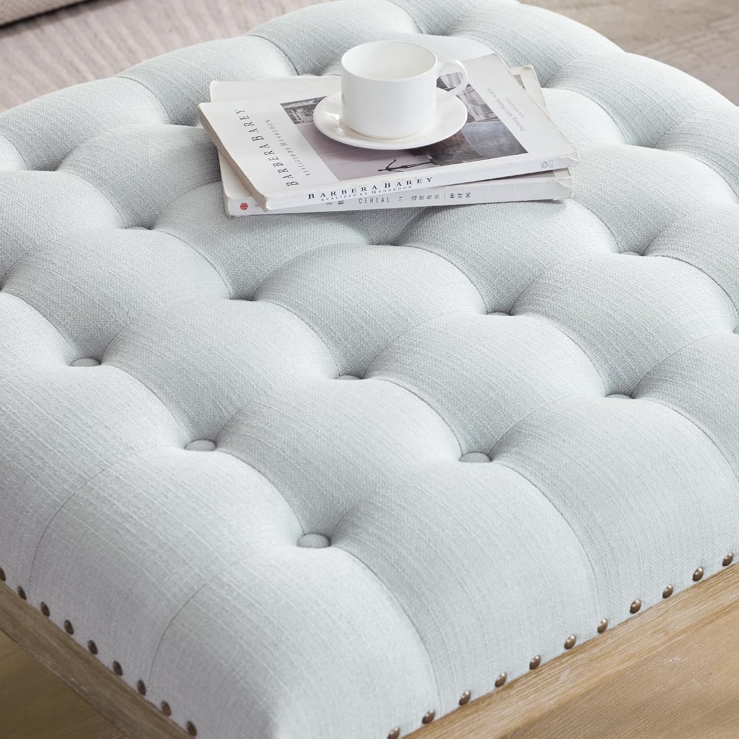 HUIMO 33-inch Large Square Ottoman Coffee Tables for Living Room, Tufted Upholstered Linen Ottoman with Storage Shelf and Solid Legs for Office Bedroom Farmhouse (Light Blue)