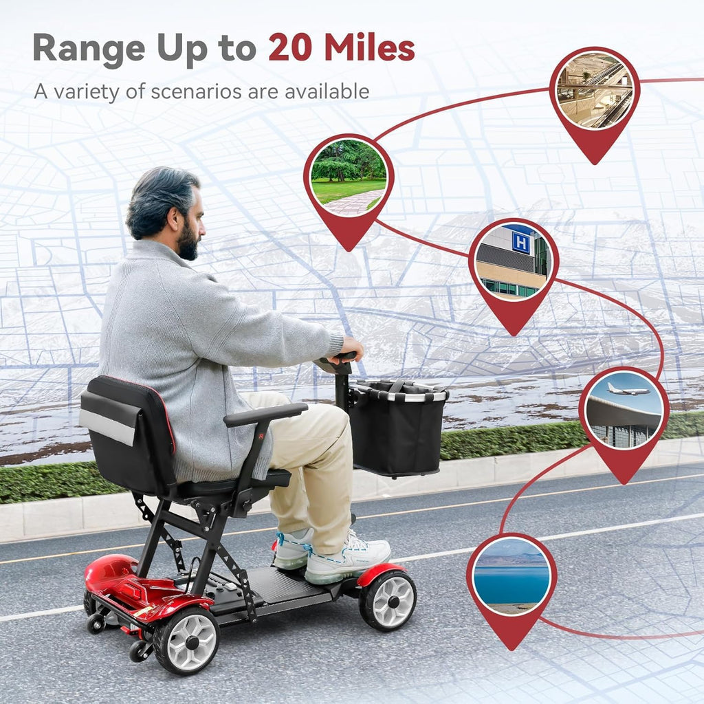 Wheelwavi Lightweight Mobility Scooter for Seniors, 20-25 Miles Portable Mobility Scooter for Travel, Removable Lithium Battery, Scooter for Adults with 330 lbs Capacity LED Headlights-RED