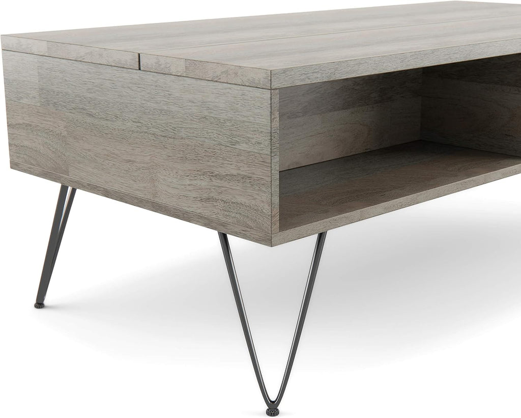 SIMPLIHOME Hunter SOLID MANGO WOOD and Metal 48 inch Wide Rectangle Industrial Lift Top Coffee Table in Grey for the Living Room and Family Room