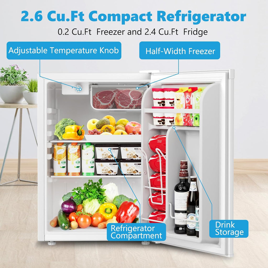 COWSAR 2.6 Cu.Ft Dorm Fridge with Freezer, Single Reversible Door Compact Refrigerator, Adjustable Thermostat, 2 Removable Shelves, Commercial Drink Fridge for Bedroom, Office, Kitchen, Dorm, White