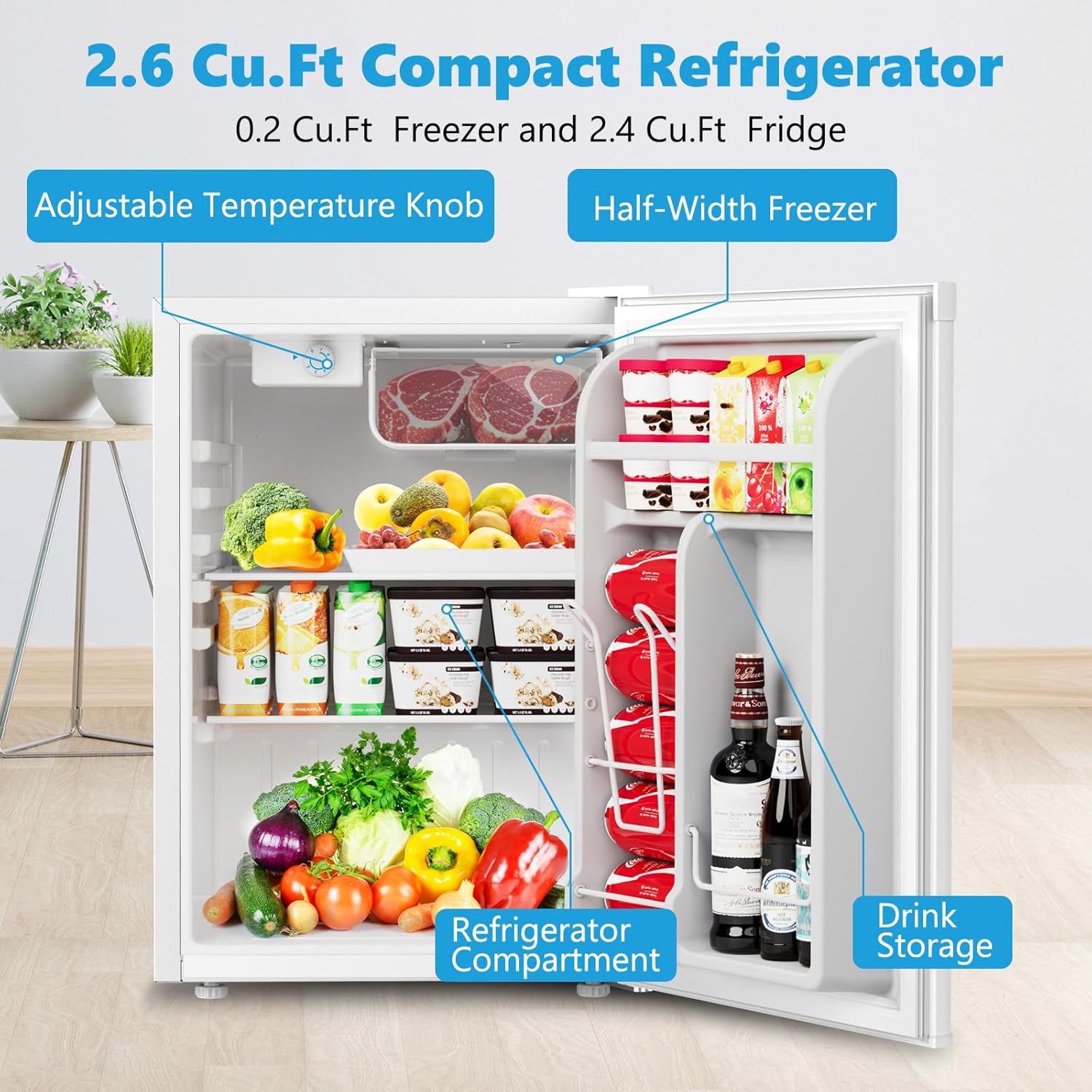 COWSAR 2.6 Cu.Ft Dorm Fridge with Freezer, Single Reversible Door Compact Refrigerator, Adjustable Thermostat, 2 Removable Shelves, Commercial Drink Fridge for Bedroom, Office, Kitchen, Dorm, White