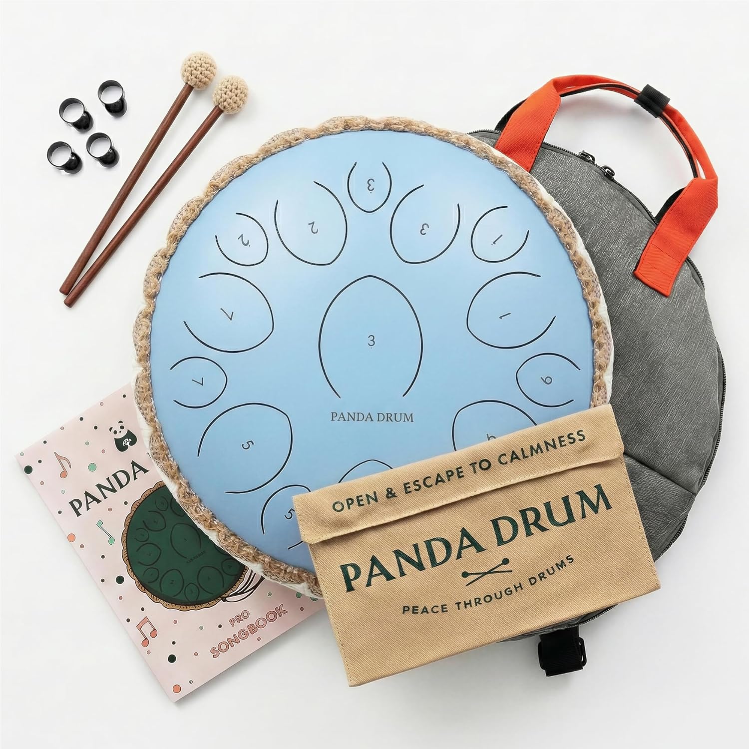 Panda Drum Pro (Blue) | Steel Tongue Handpan with Music Book, Mallets, Carrying Bag & Finger Picks | 15 inch, 432 Hz | Rain Drum for Inside & Outside | Calming Musical Instrument for Adults & Kids