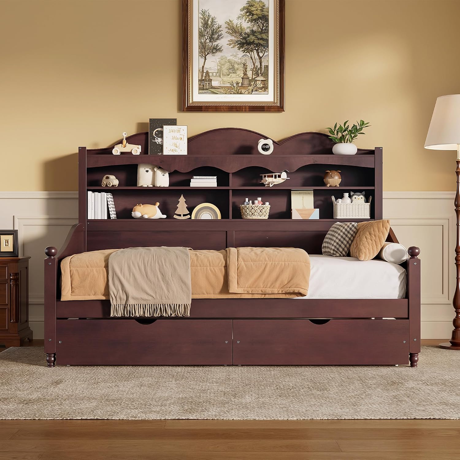 Harper & Bright Designs Captain's Bed with 2 Storage Drawers and Bookcase Headboard,Twin Size Wood Day Bed Frame with Sturdy Slats Support,Espresso