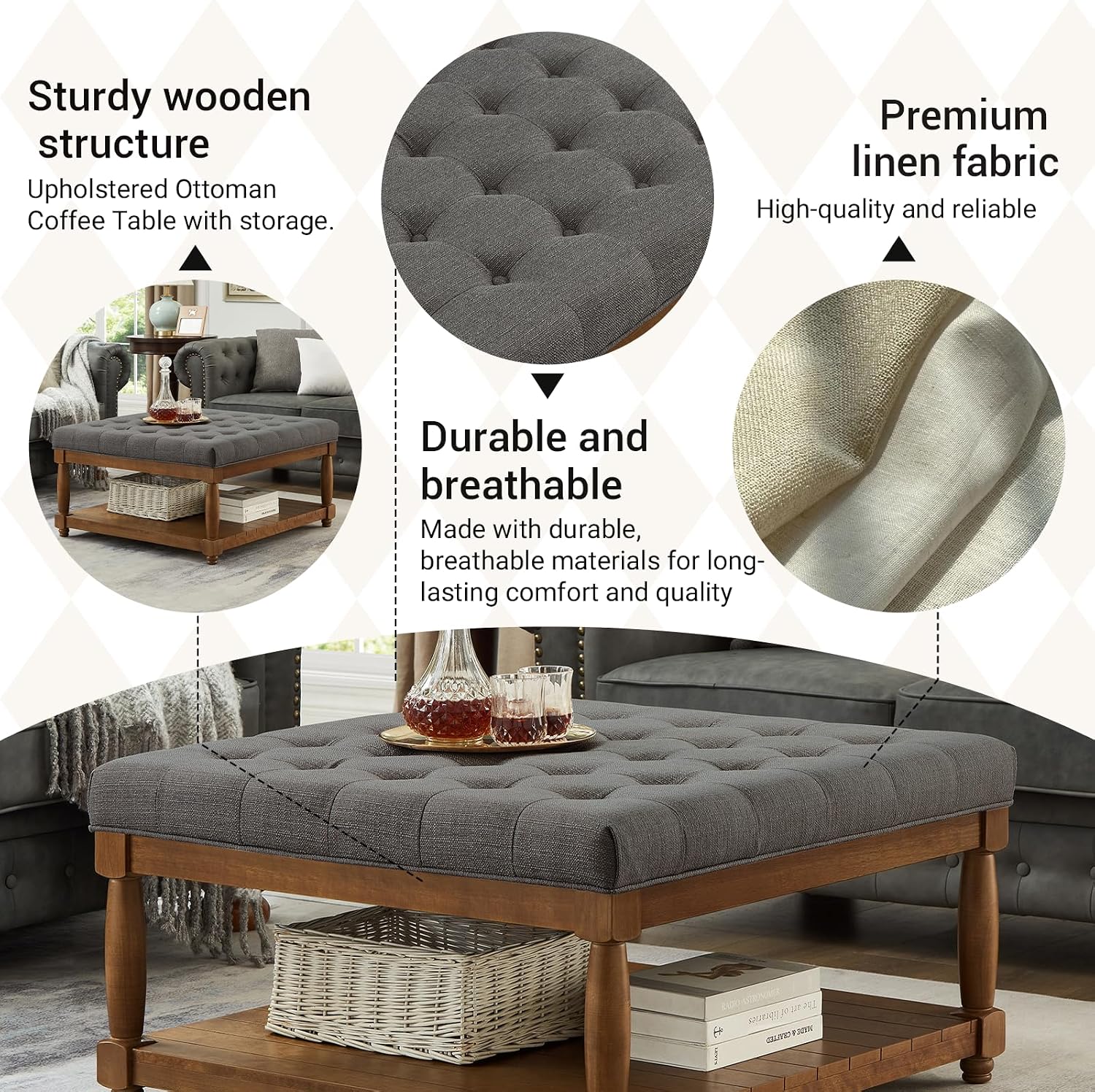 Ottoman Coffee Table, Upholstered Square Coffee Table with Storage Solid Wood Shelf, Linen Large Footrest Ottoman Pouf for Living Room, Granite